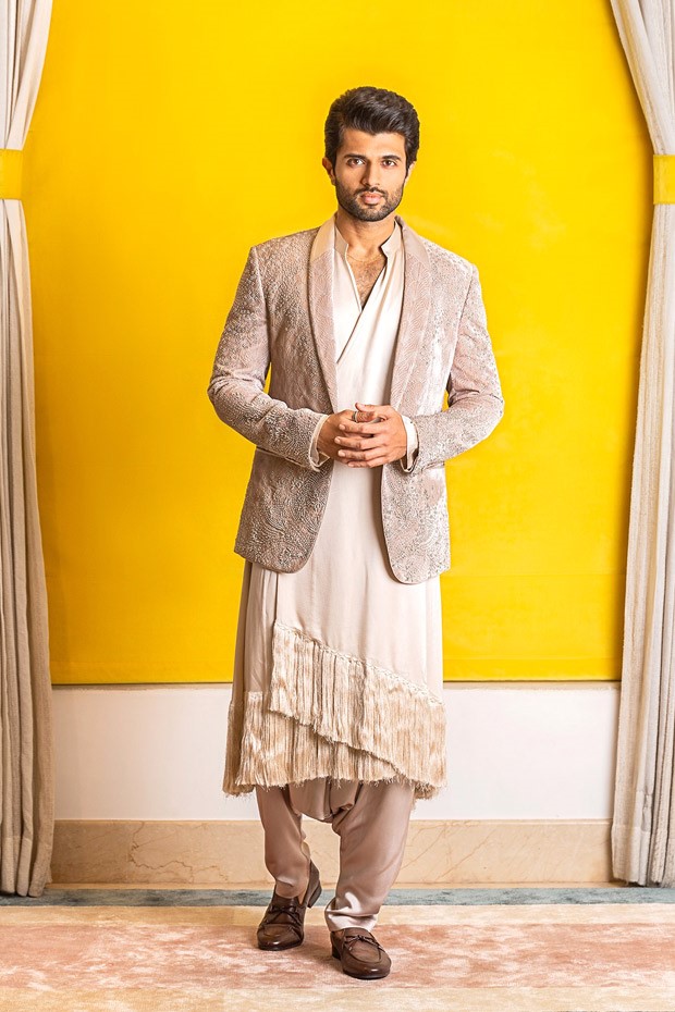 Vijay Deverkonda redefines ethnic elegance in fringe wrap around kurta and pearl blazer by Rohit Gandhi Rahul Khanna