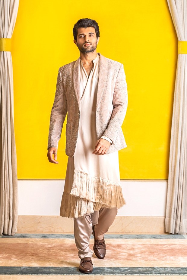 Vijay Deverkonda redefines ethnic elegance in fringe wrap around kurta and pearl blazer by Rohit Gandhi Rahul Khanna