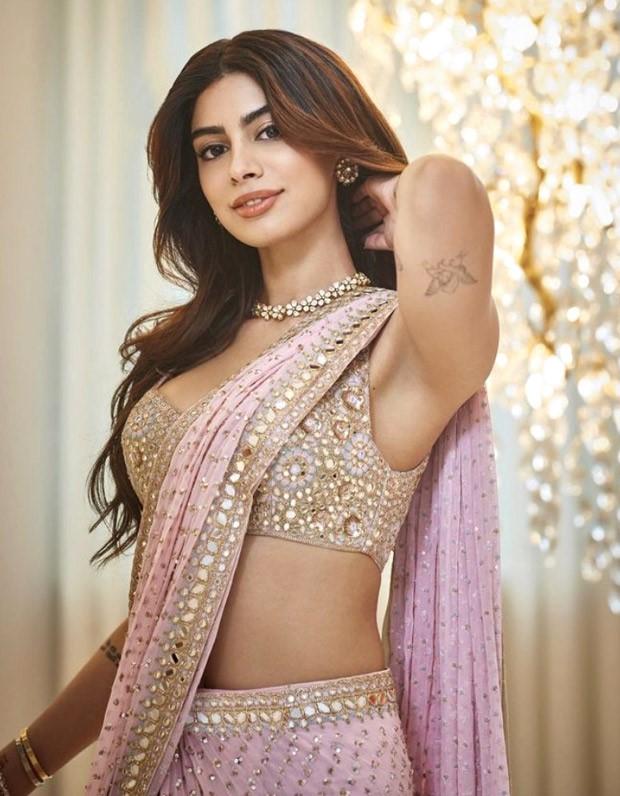 Khushi Kapoor in a mirror embellished pink saree by Arpita Mehta is giving princess vibes