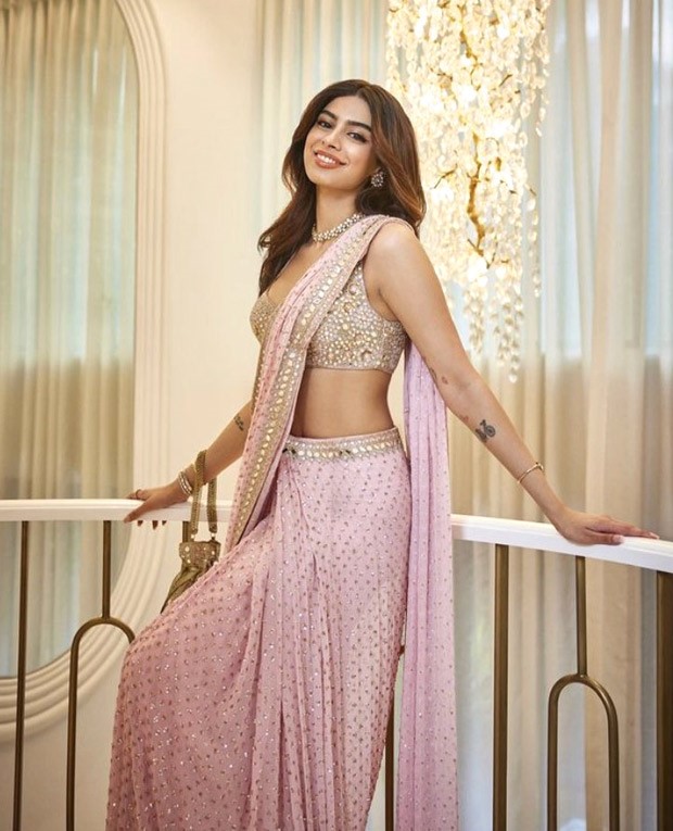 Khushi Kapoor in a mirror embellished pink saree by Arpita Mehta is giving princess vibes
