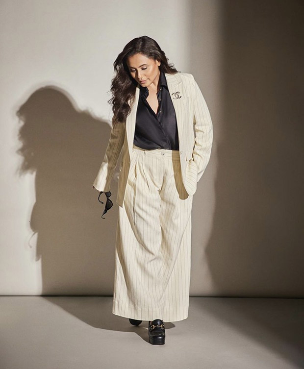 Rani Mukerji gives a bold spin to power dressing in a ME+EM pinstriped pantsuit as she attends the IFF Melbourne