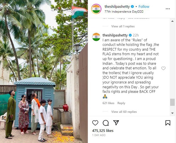 Shilpa Shetty defends national flag hoisting amidst trolling for footwear; says, “Get your facts rights”