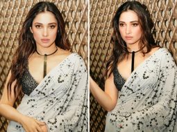 Tamannaah Bhatia adds a festive touch to the season in an ivory crystal saree with bralette having bar underwire worth Rs.1.39 Lakh