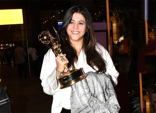 Ektaa R Kapoor flaunts her Emmy trophy at the airport terminal in Mumbai