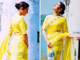 Sara Ali Khan stuns in a radiant yellow handcrafted saree at the Ae Watan Mere Watan film launch