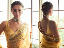 Alia Bhatt exudes regal opulence in yellow aviary pattern saree accentuated with statement pearl neckpiece; her braided hair steals the limelight