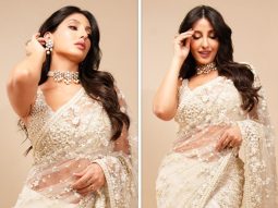Nora Fatehi channels her inner desi diva in an ivory saree by Seema Gujral