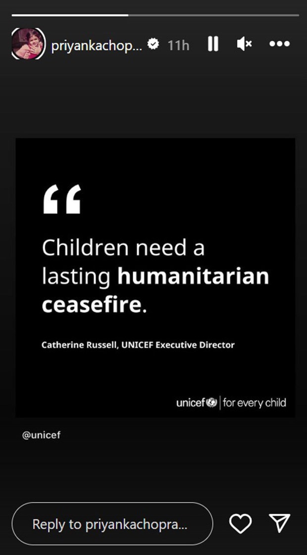 Priyanka Chopra reshares UNICEF’s urgent plea for a ‘lasting humanitarian ceasefire’ in Palestine