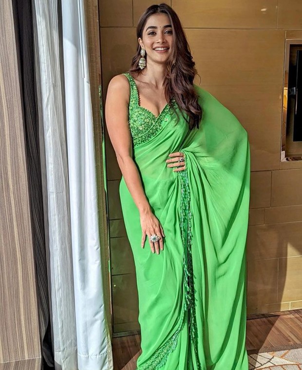 Pooja Hegde infuses a breath of fresh air into ethnic fashion with her stunning appearance in a green saree