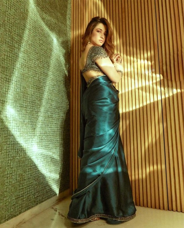 Tamannaah Bhatia dials up festive glam in teal blue saree by Tarun Tahiliani
