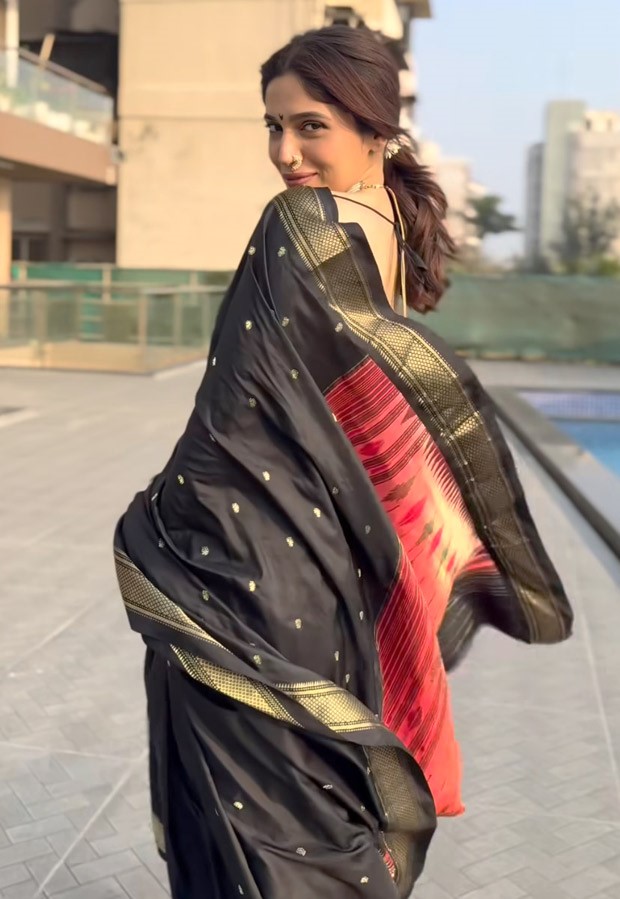 Bhumi Pednekar exudes traditional Maharashtrian charm as she gracefully adorns a black and gold silk saree, complemented by an elegant nath