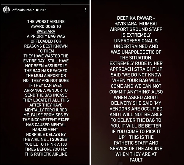 A popular atriz de televisão indiana Surbhi Chandna recentemente acessou o Instagram para expressar sua frustração com a Vistara Airlines