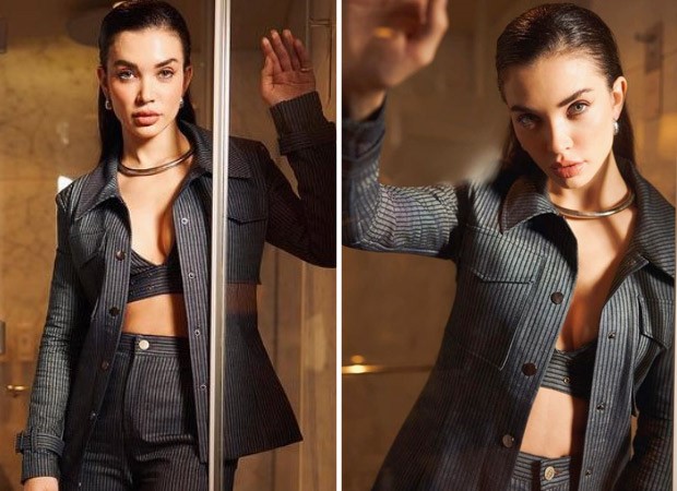 Amy Jackson takes on the role of Boss Lady in a pinstriped pantsuit for the promotion of Crakk : Bollywood News