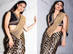 Keerthy Suresh is elegant as ever in a beautiful black and golden saree by Raw Mango at Siren audio launch