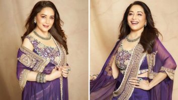 Madhuri Dixit made a chic case for a purple statement pre-draped saree by Anamika Khanna perfect for the festive season