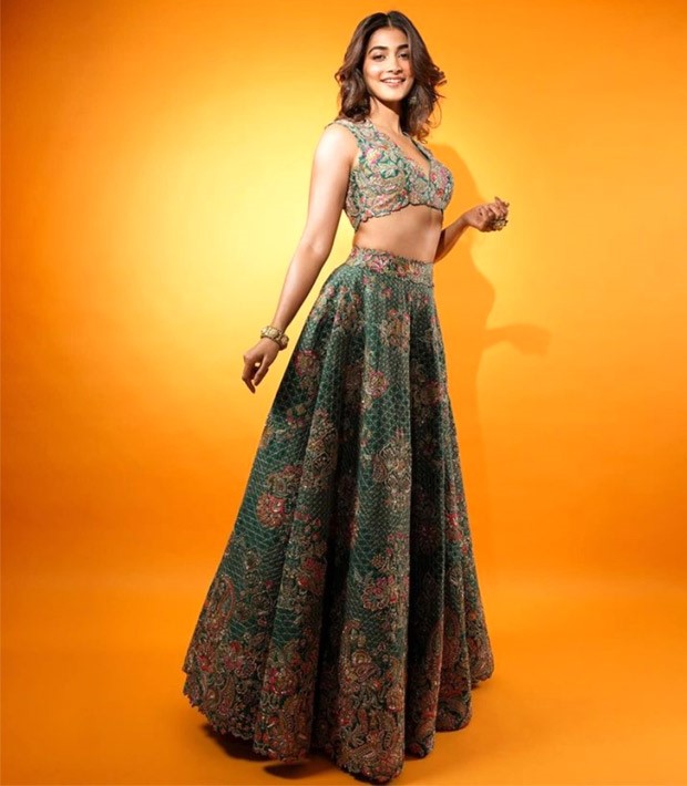 Pooja Hegde is setting the trendiest wedding guest style goals in a green floral Mrunalini Rao lehenga