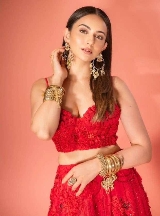 Rakul Preet Singh is all set for Valentine's Day in a coordinated ensemble by Shivan and Narresh, featuring a ruffled bustier and an embellished skirt