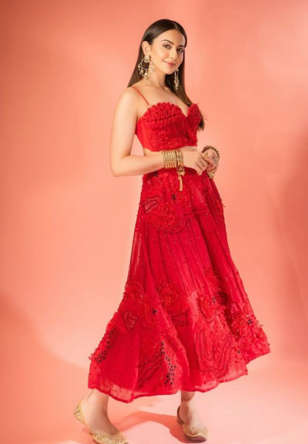 Rakul Preet Singh is all set for Valentine's Day in a coordinated ensemble by Shivan and Narresh, featuring a ruffled bustier and an embellished skirt