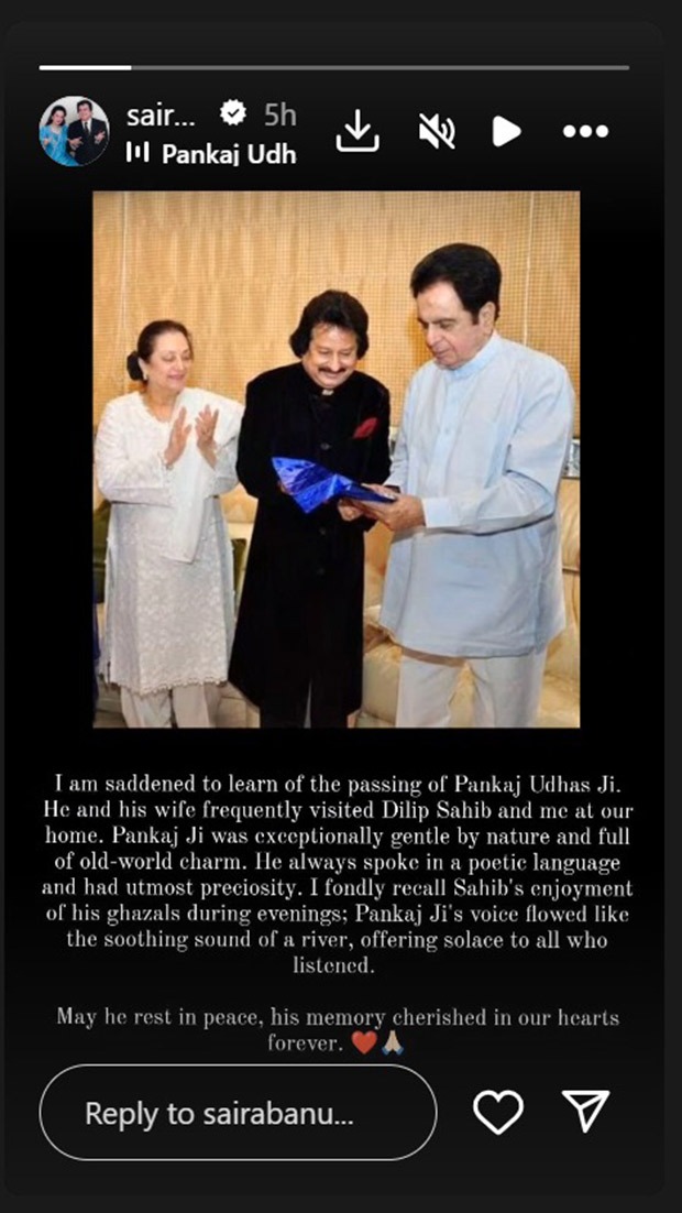 Saira Banu pays heartfelt tribute to the late singing maestro Pankaj Udhas