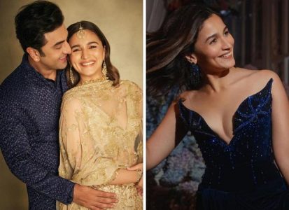 green emerald velvet dress Alia Bhatt in Golden Sequin Work Saree