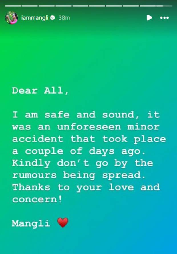 Jawan singer Mangli meets with a minor accident, confirms being safe