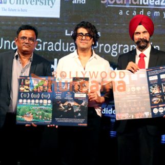 Singer Sonu Nigam, Prof Tarundeep Singh Anand, Dr Pramod Chandorkar with others at the launch of an AI - embedded Sound and Music Degree Programme by Universal AI University and SoundideaZ Academy