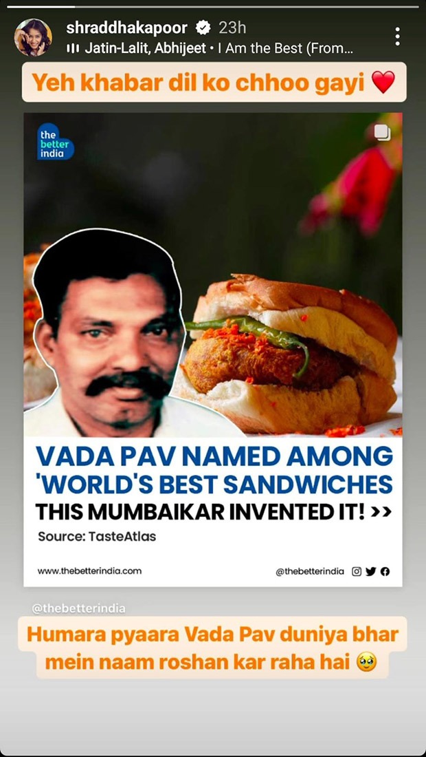 Shraddha Kapoor shares her excitement after Vada Pav gets named among the world's best sandwiches; see post