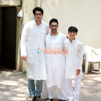 Photos: Aamir Khan with sons Junaid and Azad snapped outside their residence Marina on the occasion of Eid.