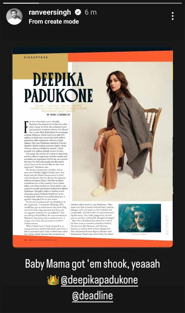 Ranveer Singh proud of ‘Baby Mama’ Deepika Padukone after being recognized as ‘Disruptor’ by Deadline, see post Ranveer Singh proud of ‘Baby Mama’ Deepika Padukone after being recognized as ‘Disruptor’ by Deadline, see post
