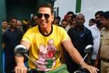 Akshay Kumar activates his Khiladi mode as he poses with a bike