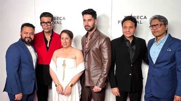 Karan Johar, Lakshya, Guneet Monga and team Kill strike a pose during the premiere at Tribeca Film Festival 2024