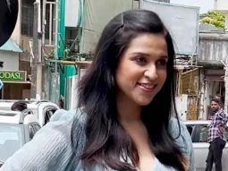 Mannara Chopra is all smiles as she poses for paps in a baby blue outfit