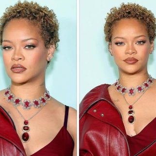 Rihanna embraces natural curls at Fenty launch in burgundy midi-dress; dons exquisite neckpieces by Manish Malhotra and Sabyasachi Mukherjee