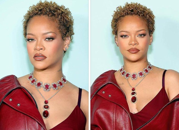 Rihanna embraces natural curls at Fenty launch in burgundy midi-dress; dons exquisite neckpieces by Manish Malhotra and Sabysachi Mukherjee 