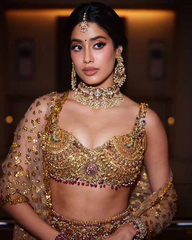 Janhvi Kapoor exudes golden grandeur in bedazzled Falguni Shane Peacock mermaid-style lehenga constructed using real gold temple jewelry at Anant Ambani-Radhika Merchant wedding 