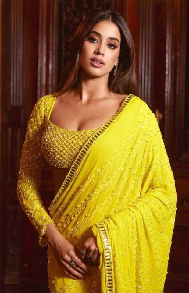 Janhvi Kapoor exudes radiance in Manish Malhotra custom yellow saree with embellished full-sleeved blouse for haldi ceremony of Anant Ambani – Radhika Merchant