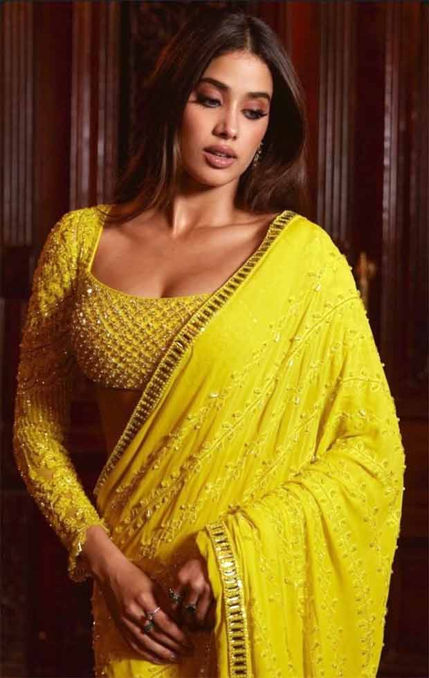 Janhvi Kapoor exudes radiance in Manish Malhotra custom yellow saree with embellished full-sleeved blouse for haldi ceremony of Anant Ambani – Radhika Merchant