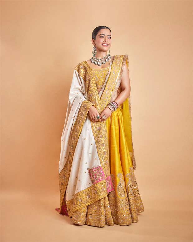 Rashmika Mandanna stuns in Rs. 1.25 lakh yellow pure silk lehenga with kirandori work with organza duppata for Anant Ambani – Radhika Merchant’s wedding