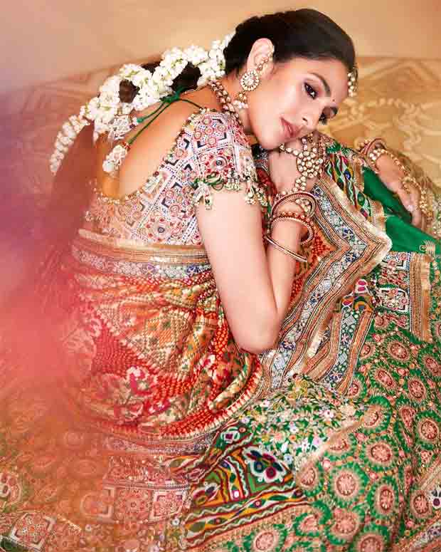 Shloka Mehta exudes elegance in custom Anamika Khanna resham lehenga with gota patti borders and dupatta draped in Gujarati-style saree pallu