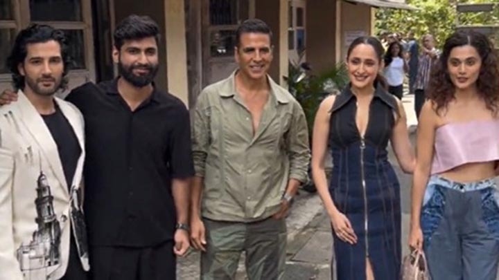Khel Khel Mein cast strikes a pose with comedian Harsh Gujral