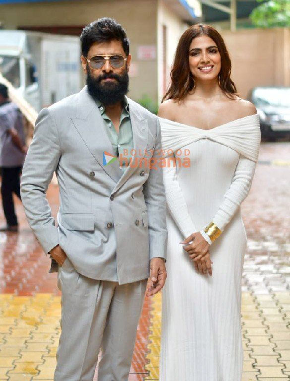 Photos: Chiyaan Vikram and Malavika Mohanan snapped during Thangalaan promotions
