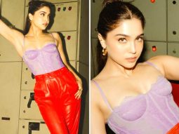 Sharvari Wagh keeps it vibrant in lilac lace corset top with faux orange leather pants for Vedaa promotions