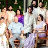 Sobhita Dhulipala poses with Naga Chaitanya’s father Nagarjuna, brother Akhil Akkineni and mother Lakshmi in family pictures from their engagement ceremony