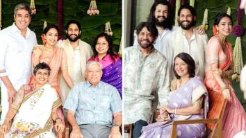 Sobhita Dhulipala poses with Naga Chaitanya’s father Nagarjuna, brother Akhil Akkineni and mother Lakshmi in family pictures from their engagement ceremony