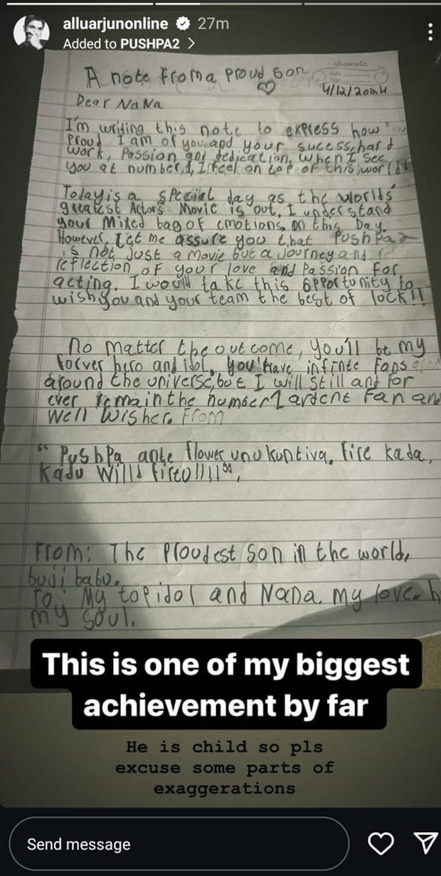 Pushpa 2 - The Rule: actor Allu Arjun reveals his ‘biggest achievement’ as he receives an adorable handwritten note from his son Ayaan