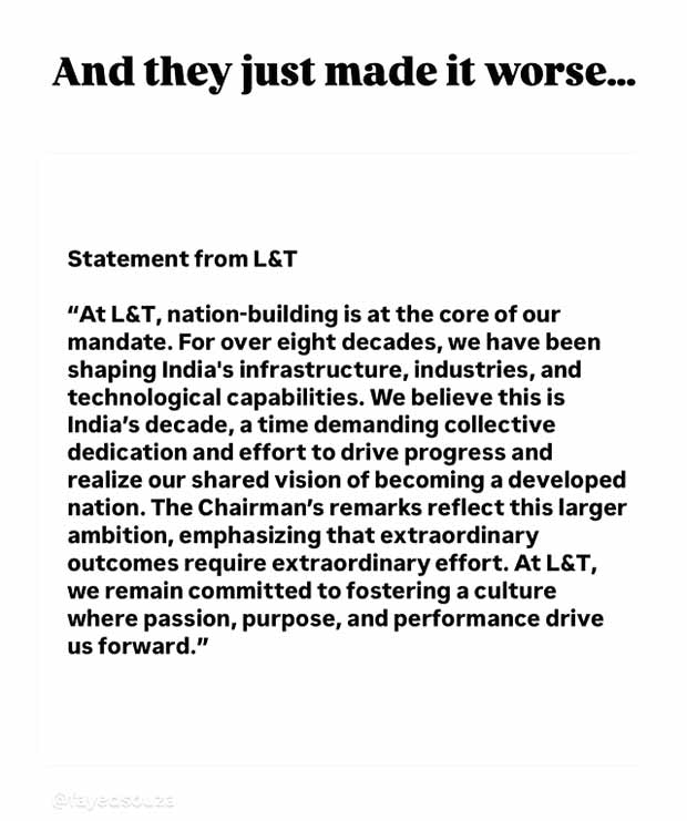 Deepika Padukone slams L&T Chairman asking ‘employees to work on Sunday’; reacts to company’s clarification statement, saying, “They made it worse….”