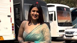 Mannara Chopra in a glamorous ocean blue saree