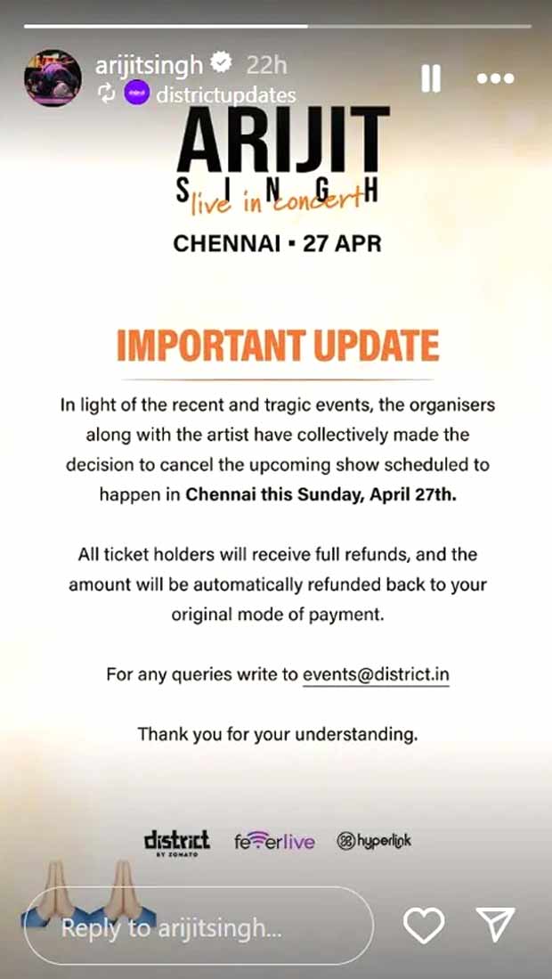 Arijit Singh cancels Chennai concert after Pahalgam terror attack; Anirudh Ravichander pauses ticket sales of Hukum World Tour