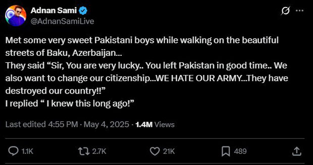 Adnan Sami recalls “very sweet Pakistani boys” saying they “hate” their army during his Baku visit: “I replied ‘I knew this long ago!’”