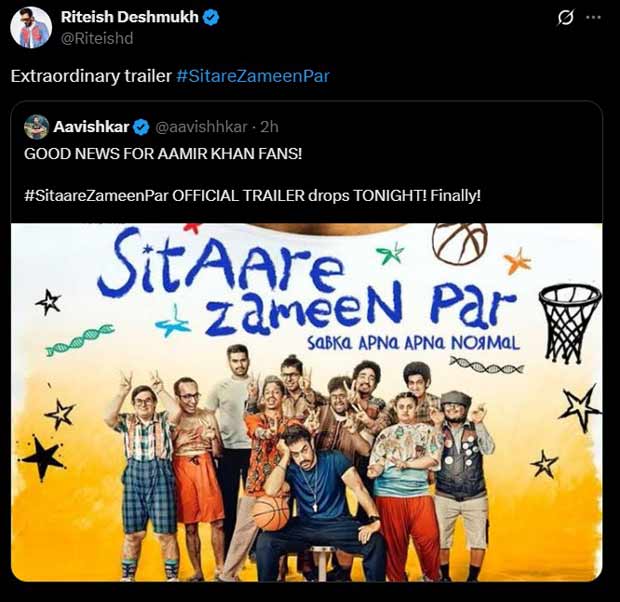 Riteish Deshmukh hails Aamir Khan’s Sitaare Zameen Par trailer ahead of its launch: "Extraordinary"